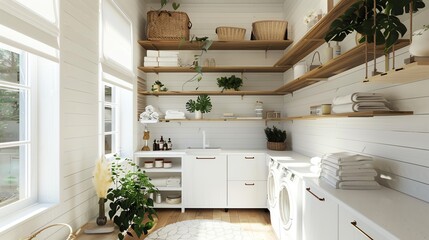 Scandinavian utility room with clean design, white finishes, wooden shelves, and ample storage space