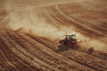 Tractors working on dusty field during autumn harvest season