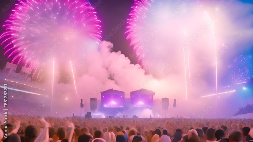 Poster massive crowd enjoying fireworks display at concert generative ai