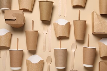 Flat lay composition with eco friendly food packagings on beige background