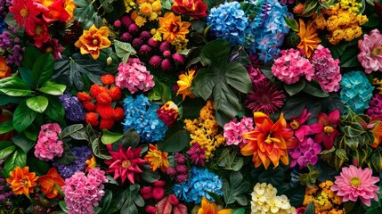 Naklejka premium Vibrant display of colorful flowers against a lush green backdrop.