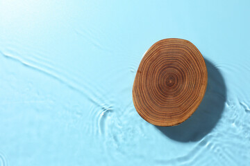 Presentation of product. Wooden podium in water on light blue background, top view. Space for text