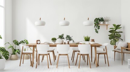 Scandinavian dining area with white walls, wooden accents, modern chairs, and minimalist decor