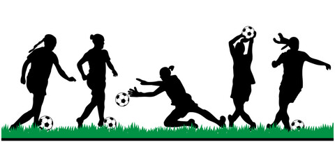 Soccer girl silhouette. Set of women soccer players silhouette. Soccer girl action in, kick, throw, heading, defense, and goalkeeper silhouette isolated on a white background.