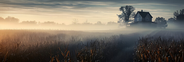 House in distance over foggy corn field