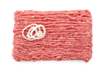 Raw ground meat and onion isolated on white, top view