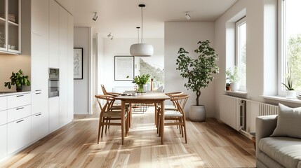 Scandinavian dining area with a sleek dining table, neutral colors, wooden flooring, and natural light
