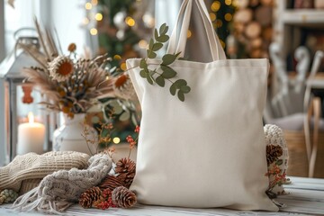 Fototapeta premium A white tote bag with a leaf on it sits on a table with a flower