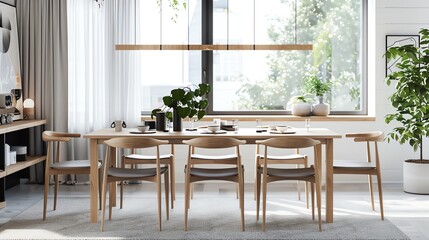 Scandinavian dining room with clean table design, minimalist chairs, natural light, and simple decor