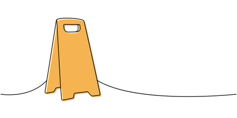 Accident prevention sign, wet floor, cleaning sign one line colored continuous drawing. Cleaning service tools continuous one line illustration.