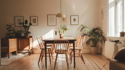Scandinavian dining room with a minimalist table, wooden chairs, natural light, and simple decor