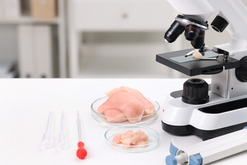 Food quality control. Microscope, petri dishes with meat and other laboratory equipment on white...