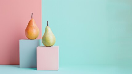 Artistic composition of two pears balanced on minimalist blocks against a pastel background.
