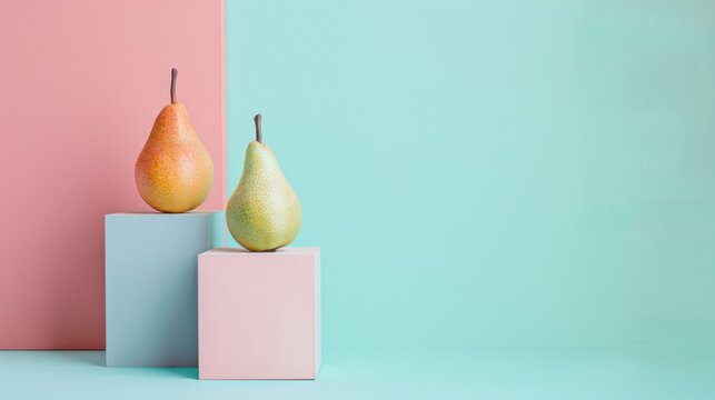 Artistic composition of two pears balanced on minimalist blocks against a pastel background.