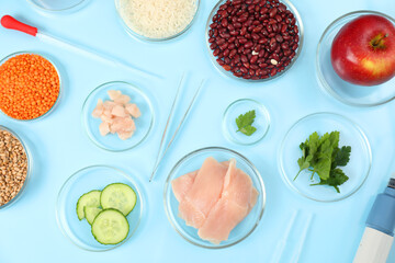 Food quality control. Petri dishes with different products, pipettes and tweezers on light blue...