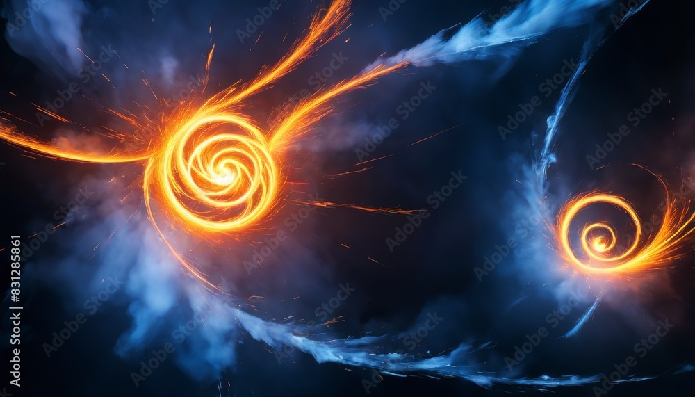 Poster two bright energy swirls spiral through the darkness of cosmic space, creating a dynamic and mesmeri