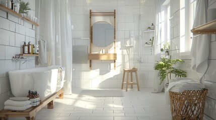 Scandinavian bathroom with white tiles, wooden accents, minimalist fixtures, and a serene ambiance