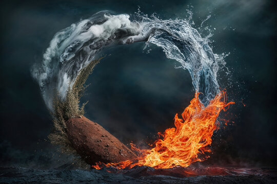 Four elements of nature in a stunning artistic design. All four elements forming a circular shape. Earth, wind, fire, air, water. Cinematic dark background featuring the elements in the center.