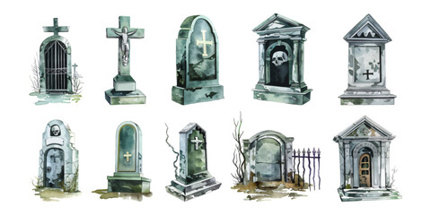 Set collection of hand drawn watercolor tombstones graves with overgrown foliage, reflecting serene yet somber atmosphere in cemetery