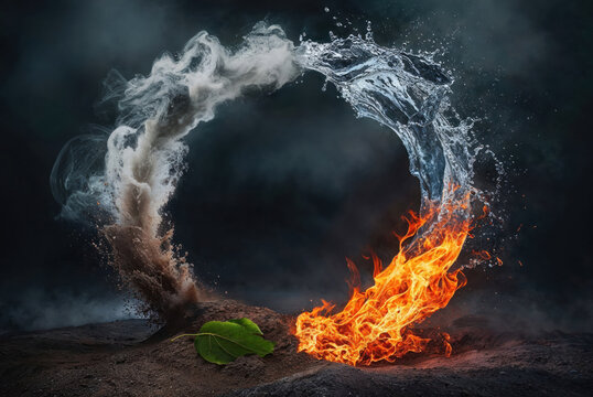 The four elements of nature in an awe-inspiring creative design. All four elements forming a circular shape. Earth, wind, fire, air, water. Cinematic dark background showcasing the elements in the cen