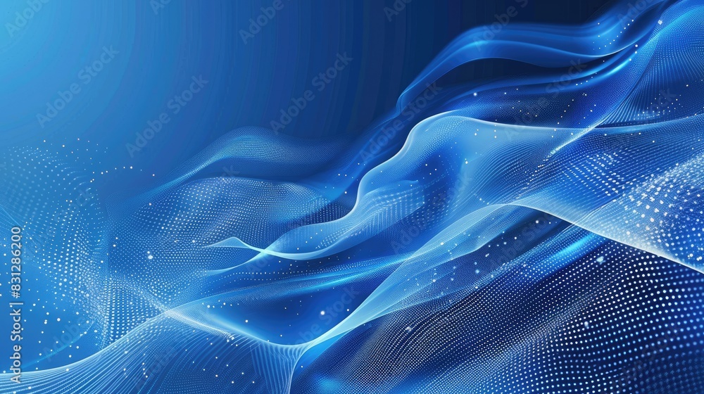 Poster abstract blue background with dynamic and flowing particle curves, creating a modern and futuristic 