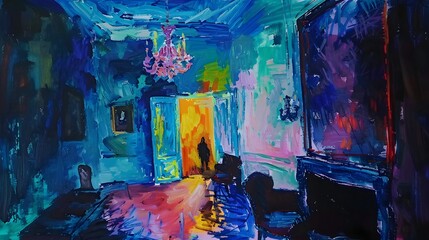 Vibrant and Surreal Abstract Interior Painting with Chandelier