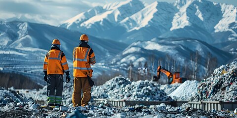 Workers in safety gear coordinate waste management in snowy landfill site against mountainous backdrop. Concept Waste Management, Safety Gear, Snowy Landfill, Mountainous Backdrop