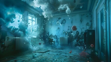 Surreal Ethereal Portal in Abandoned Room with Chaotic Celestial Elements