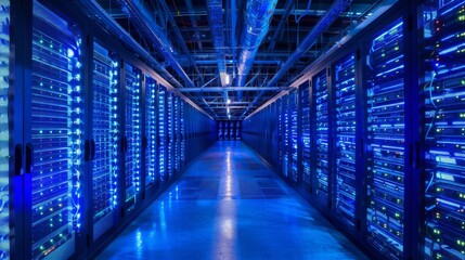 Fototapeta premium High-tech data center with rows of server racks illuminated by blue LED lights.