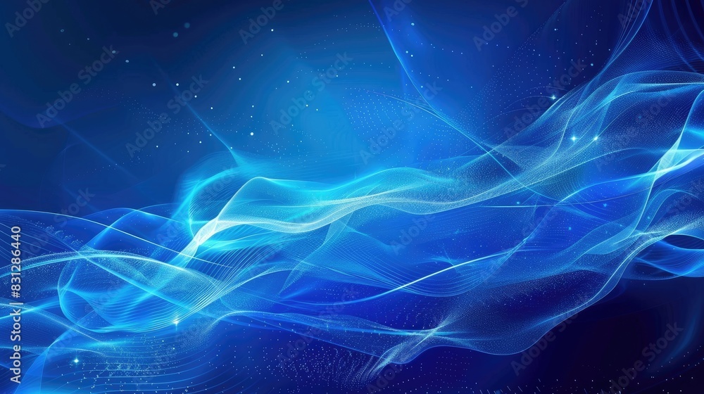 Poster abstract blue background with dynamic and flowing particle curves, creating a modern and futuristic 