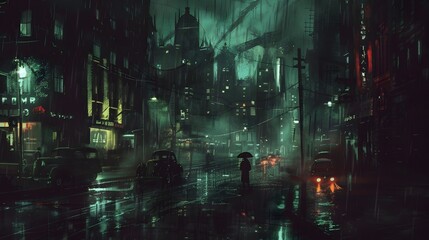 Rainy Nighttime in a Bustling Metropolis,Bathed in Neon Lights and Reflective Puddles