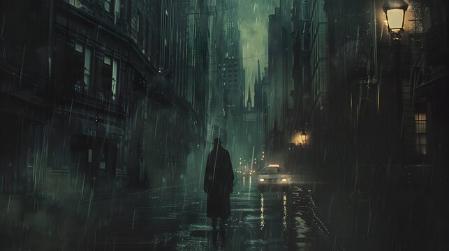 Solitary Figure Navigating a Dimly Lit Urban Alley on a Rainy Night
