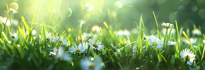 Beautiful spring meadow with white daisies and sunlight, banner background. Spring landscape with camomiles in grass on a sunny day