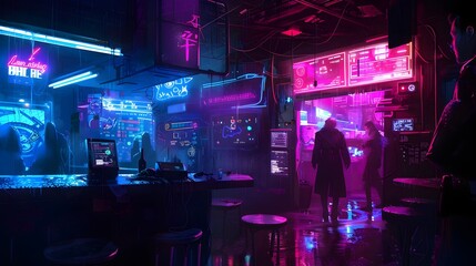 Obraz premium Neon-Lit Alley in Futuristic Urban Landscape
