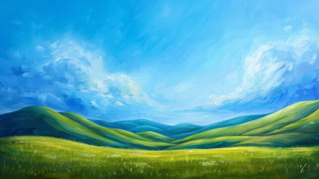 Hand-painted artwork depicting lush green hills and a vibrant blue sky with fluffy clouds