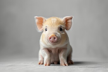 Fototapeta premium A cute mini pig on a light background looks into the frame. Funny pets for cards