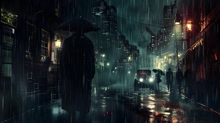Rainy City Night Scene with Moody Atmosphere and Illuminated Cityscape
