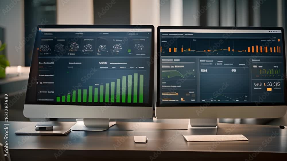 Poster two computer monitors data analytics on wooden desk generative ai
