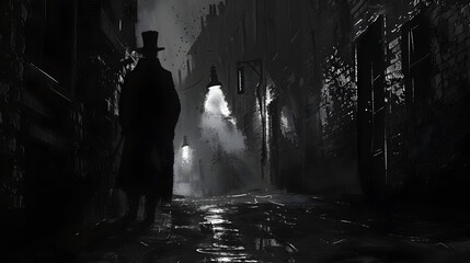 Fototapeta premium Solitary Figure Emerges from Misty,Moody Urban Alleyway at Night