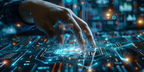 Fototapeta premium Man controlling futuristic technology transformation using AI chatbot. Concept Futuristic Technology, AI Chatbot, Transformation, Man, Control