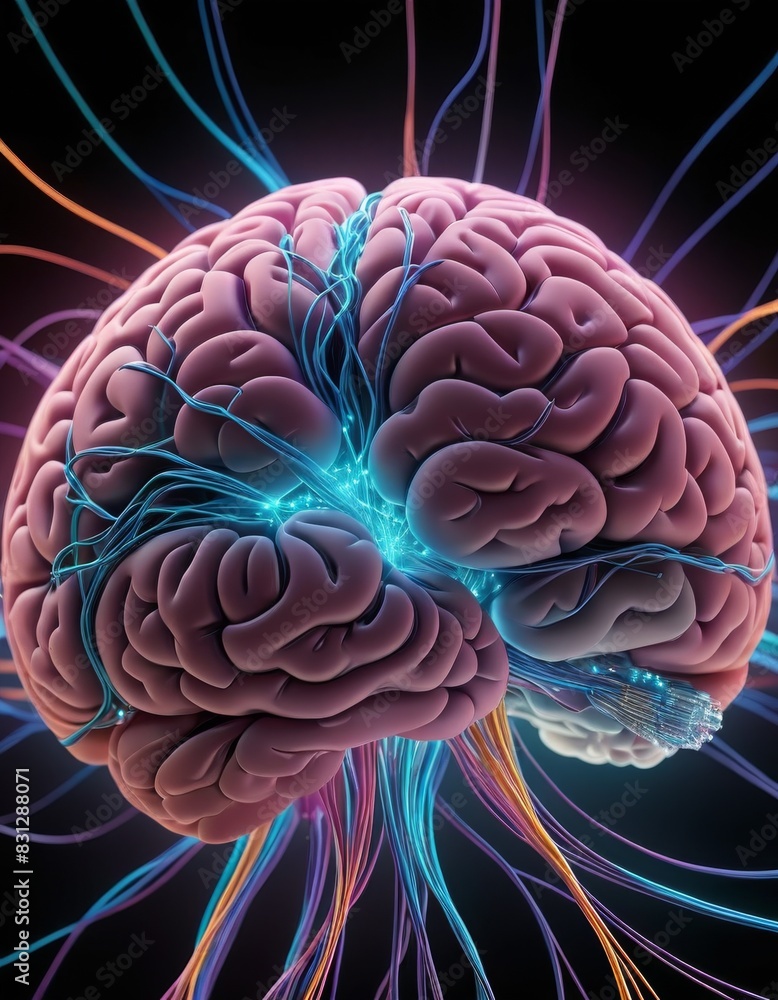 Poster a highly detailed rendering of the human brain, showcasing complex neural connections highlighted in