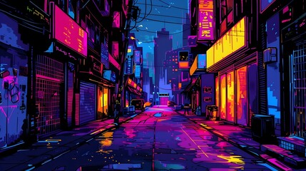 Vibrant Neon-Lit Cityscape Alley at Night with Futuristic Lights and Atmospheric Ambiance
