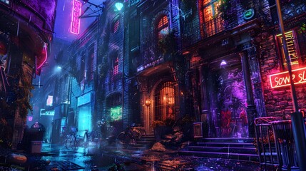 Neon-Drenched City Alley at Night with Dramatic Lighting and Atmosphere