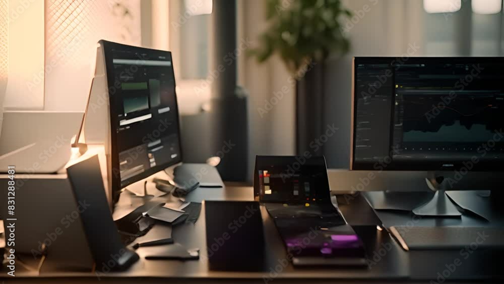 Poster modern workspace with dual monitors and smartphone generative ai
