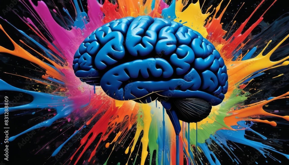 Poster a detailed illustration of a brain is set against a backdrop of vivid paint splashes in various colo