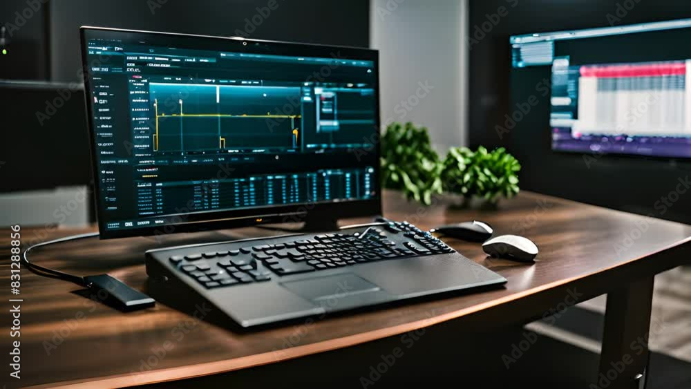 Poster desk setup with keyboard mouse and monitor generative ai