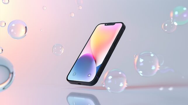 Simulation of an iPhone floating in the air with rainbow bubbles surrounding it. On a clean background Offers modern design and features.