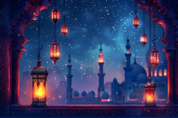 Eid mubarak and ramadan kareem greetings with islamic lantern, mosque window background design with night lights illustration