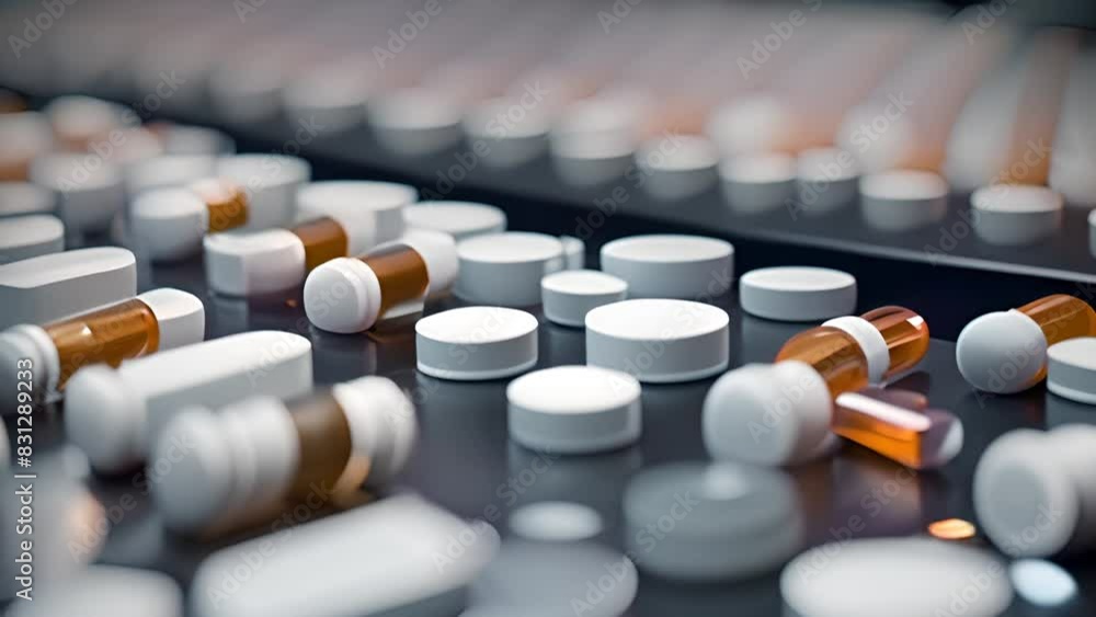 Poster many pills close up on table generative ai