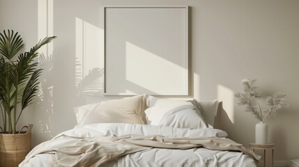 Interior of comfortable modern bedroom. Mockup frame in bedroom interior background, room in light pastel colors, 3d render